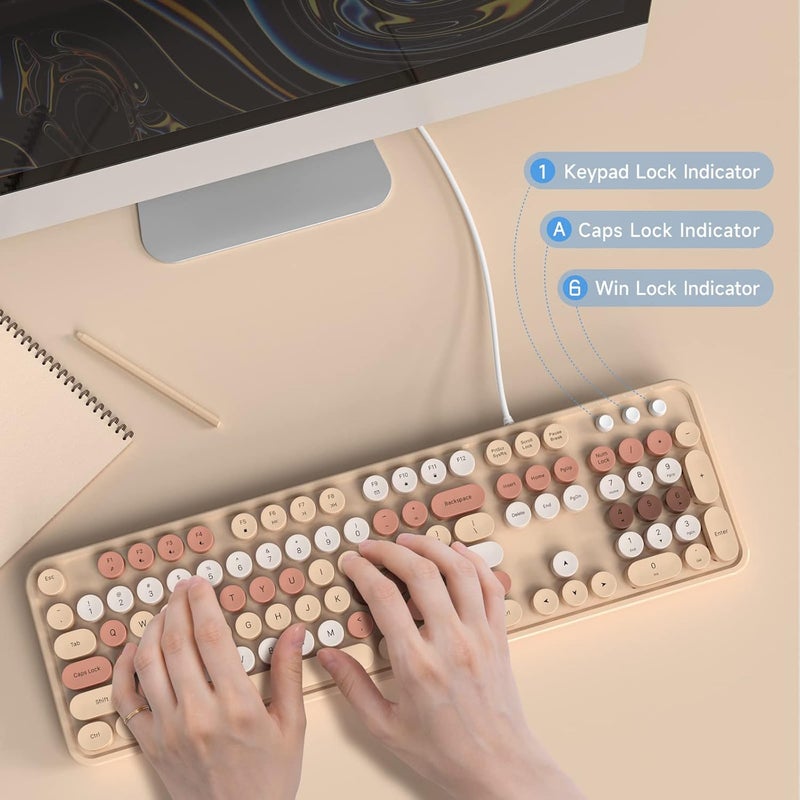 Atelus Computer Wired Keyboard, Plug Play USB Full-Size Keyboard with Large Number Pad, Caps Indicators, Foldable Stands, for Windows 7/8/10 PC Laptop (Milk Tea Colorful) - Image 3